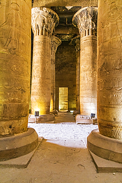 Edfu, Aswan, Egypt. February 25, 2022. Columns in the Temple of Horus at Edfu.