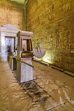 Edfu, Aswan, Egypt. February 25, 2022. Sacred boat in the Temple of Horus at Edfu.