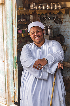 Birqash, Cairo, Egypt. February 18, 2022. Camel handler at a tea shop at the Birqash Camel Market outside Cairo.