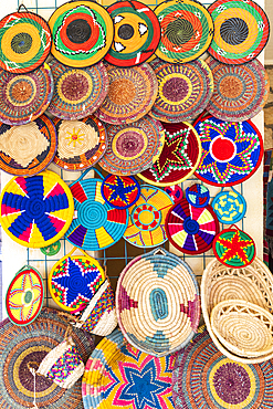 Abu Simbel, Aswan, Egypt. February 23, 2022. Colorful basket souvenirs at a tourist shop in Abu Simbel.