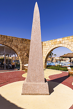 Abu Simbel, Aswan, Egypt. February 23, 2022. Replica obelisk at a hotel conference center in Abu Simbel.