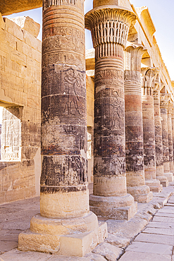 Agilkia Island, Aswan, Egypt. Carvings on columns at the Philae Temple, a UNESCO World Heritage Site.