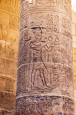 Agilkia Island, Aswan, Egypt. Carvings on a column at the Philae Temple, a UNESCO World Heritage Site.