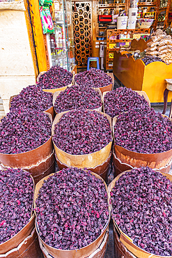 Thebes, Luxor, Egypt. Dried hibiscus flowers for sale at a market in Luxor.