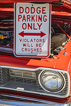 Marble Falls, Texas, USA. April 10, 2021. Sign on a vintage Dodge at a car show.