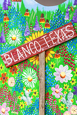 Blanco, Texas, USA. April 14, 2021. Hand painted sign for the town of Blanco, Texas.