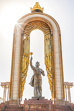 Dushanbe, Tajikistan. August 11, 2021. Statue of Ismoili Somoni in Dousti Square. Editorial Use Only