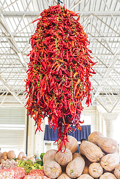 Dushanbe, Tajikistan. Chili peppers for sale at the Mehrgon Market in Dushanbe.