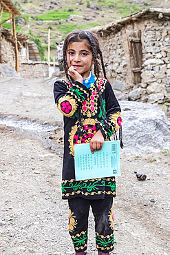 Margib, Sughd Province, Tajikistan. August 15, 2021. Girl in traditional dress in a mountain village. Editorial Use Only