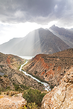 Iskanderkul, Sughd Province, Tajikistan. The Yaghnob River and Iskanderkul Lake.