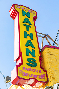 Coney Island, Brooklyn, New York City, New York, USA. November 6, 2021. Sign for Nathan's Famous Hot Dogs at Coney Island.