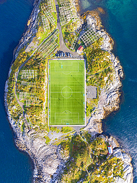 Aerial view taken by drone of Henningsvaer during an autumn day, famous fisherman's village in the Lofoten Islands, Nordland, Norway, Scandinavia, Europe