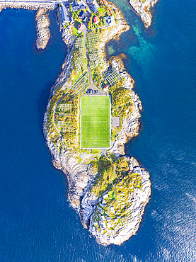 Aerial view taken by drone of Henningsvaer during an autumn day, famous fisherman's village in the Lofoten Islands, Nordland, Norway, Scandinavia, Europe