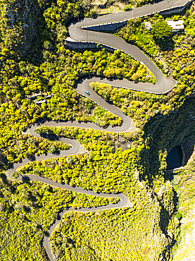 Vertical aerial view from the drone of a fantastic winding road on the island of Tenerife, Canary Islands, Spain, Atlantic, Europe