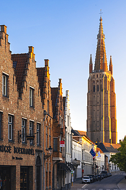 Onze Lieve Vrouwekerk during sunset, Bruges, Belgium, East Flanders, Flanders, Western Europe