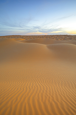 Spring sunset at the gates of the Sahara desert, with the sand dunes illuminated by the golden light, Tunisia, North Africa, Africa