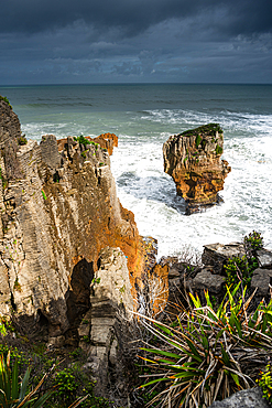 Vertical View of Pancake Rocks and Surf Below with Flax and Cliffside Vegetation in Punakaiki, New Zealand
