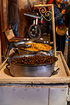 Street food stand of beans and chickpeas in the market street of Marrakesh, Morroco