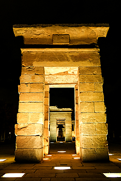 View of the ancient Nubian Temple of Debod, dismantled as part of the International Campaign to Save the Monuments of Nubia, rebuilt in Parque de la Montana, Madrid, Spain, Europe