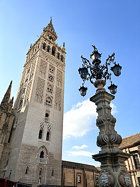 View of the Cathedral of Saint Mary of the See (Seville Cathedral), a Roman Catholic cathedral in Seville, one of the largest churches in the world as well as the largest Gothic church, highlighting the Giralda, the bell tower of the cathedral.