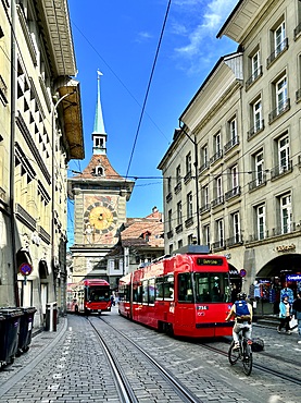 View of the east front of the iconic Zytglogge (time bell), located at the end of the Kramgasse, one of the principal streets in the Old City of Bern, the medieval city centre of Bern, Switzerland.