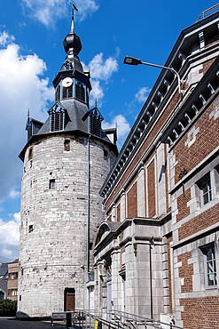 Detail of the Belfry of Namur, an historical building in Namur, Belgium. Constructed in 1388 as part of the city wall, it became a belfry in 1746. It is one of the 56 belfries in Belgium classified by UNESCO as a World Heritage Site.