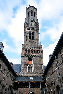 Bruges, Belgium – Architectural detail of the Belfry of Bruges, a medieval tower in the city center. A historic symbol, it once housed a treasury, municipal archives, and served as an observation post.