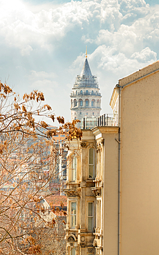 Galata Tower glowing with silver lights, Istanbul, Turkey, Europe