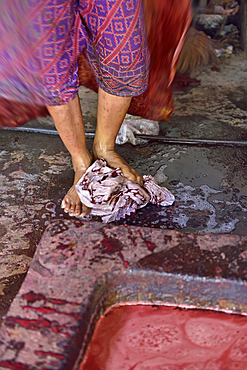 feet fulling of cloth in the dyeing process, Kidang Mas Batik House, Lasem, Java island, Indonesia, Southeast Asia