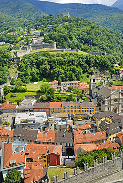 The Castles and town of Bellizona seen from Castelgrande, Canton Ticino, Switzerland