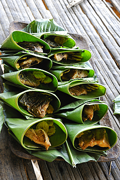 Dishes of fish wrapped in leaves, Embera native community living by the Chagres River within the Chagres National Park, Republic of Panama, Central America