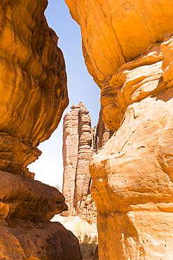 View through the extraordinary sandstone rock structure called 'Dancing Rocks' in the Sharaan Nature Reserve, AlUla, Medina Province, Saudi Arabia, Middle East