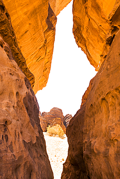 View through the extraordinary sandstone rock structure called 'Dancing Rocks' in the Sharaan Nature Reserve, AlUla, Medina Province, Saudi Arabia, Middle East