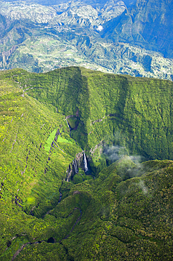 Aerial view of falls in the canyon Trou de Fer, Reunion island, overseas departement of France, Indian Ocean