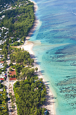 Aerial view of the lagoon on the west coast at Saint-Gilles les Bains, Reunion island,overseas departement of France,Indian Ocean