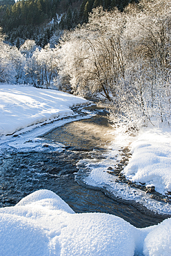 Frost over the Dranse d'Abondance river,Haute-Savoie department,Rhone-Alpes region,France,Europe