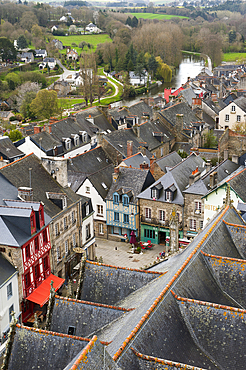 Overview on the slate roof from the tower of the Basilique Notre-Dame du Roncier,Josselin,Morbihan department,Region of Brittany,France,Europe