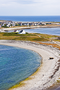 Overview of the Ile de Sein from the top of the lighthouse,off the coast of Pointe du Raz,Finistere department,Brittany region,west of France,western Europe