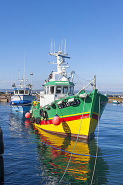 Sardine fishing boat alongside a quay at Port of Rosmeur,Douarnenez,Finistere department,Brittany region,west of France,western Europe