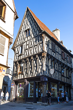 Nice half-timbered house of the Bourbonnoux street housing the cake shop Aux Trois Flutes,Bourges,Cher department,Berry province,region of Centre,France,Europe