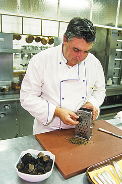 Chef Jean Genevois working with Burgundy truffle ,Terminus Reine hotel at Chaumont, Haute-Marne department, Champagne-Ardenne region, France, Europe
