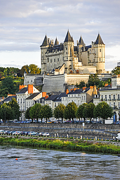 Loire River bank with the Chateau de Saumur in the background, Maine-et-Loire department, Pays de la Loire region, France, Europe