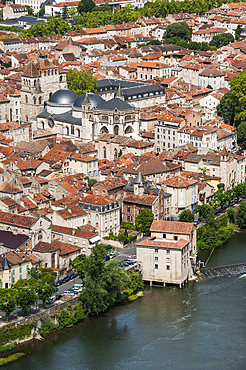 City of Cahors, with the Roman Catholic cathedral Saint-Étienne, world heritage of unesco viewed from the viewpoint at Mont Saint Cyr, Lot department, region of Midi-Pyrenees, Occitanie, southwest of France, Europe