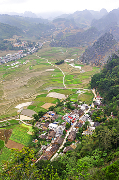 Elevated view over paddy-fields near Dong Van, Ha Giang province, Northern Vietnam, Southeast Asia