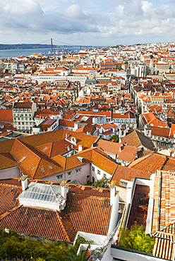 Overview on the Baixa and Chiado district from the Sao Jorge Castle with the Tage river in the background, Lisbon, Portugal, Europe