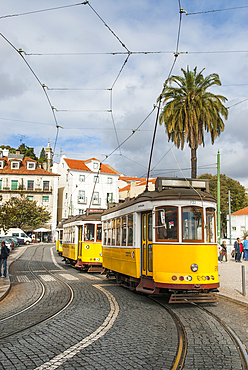 Tramway on the Portas do Sol square, Lisbon, Portugal, Europe