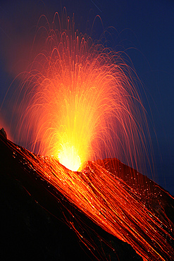 June 2006 - Ejection of lava during nighttime Strombolian eruption of Stromboli volcano, Aeolian Islands, Mediterranian Sea, Italy.