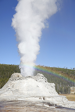 September 12, 2009 - Castle Geyser eruption with rainbow, Upper Geyser Basin geothermal area, Yellowstone Caldera, Yellowstone National Park, Wyoming.
