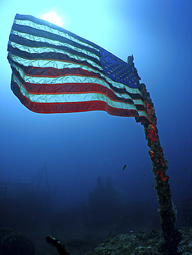 American flag on a sunken ship in Key Largo, Florida.