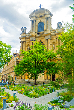 Garden to commemorate terrorist actions on 13 November in front of church Saint-Gervais-Saint-Protais in day in summer
